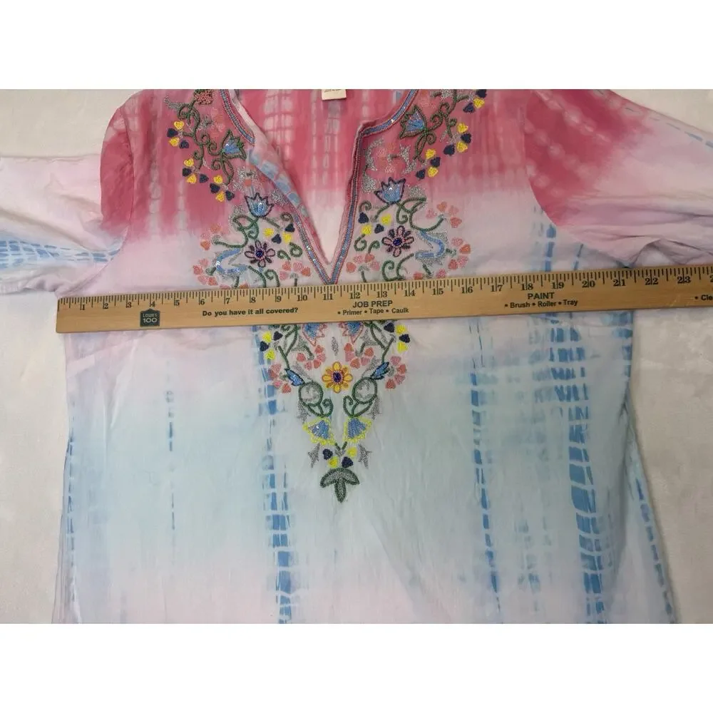 SUNDANCE Tunic Women’s Sz L Dreaming In Color Beaded Tie Dyed Coverup Flaws - Picture 10 of 12